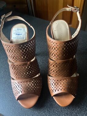BCBGeneration Tan Laser-Cut Strappy Block Heel Sandals